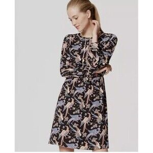Ann Taylor LOFT Dress 4P Bird Print Preppy Cottagecore Boho Whimsical Artsy Mod